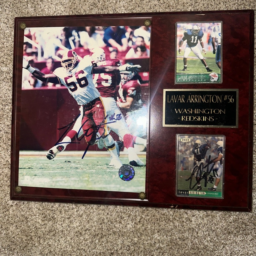 Autographed Washington Redskin Lavar Arrington 56 Plaque and cards